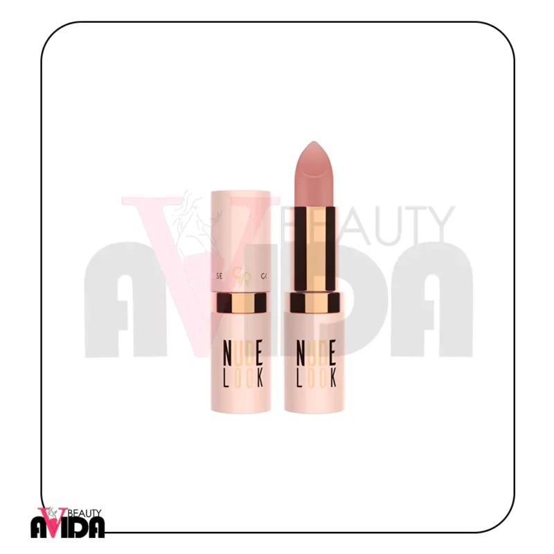 رژ لب جامد مات Nude Look گلدن رز شماره 02 با رنگ ملایم و طبیعی، بافت نرم و کرمی و حاوی ویتامین E و روغن آووکادو. ماندگاری بالا و فاقد پارابن و سرب.