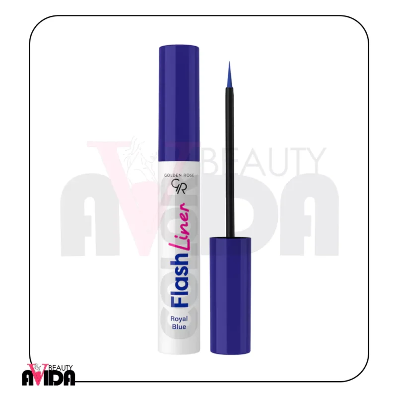خط چشم رنگی گلدن رز Flash Liner Royal Blue شماره 104 با رنگ آبی سلطنتی، خطوطی دقیق و مات بر روی پلک ایجاد می‌کند که در طول روز بدون محو شدن باقی می‌ماند.