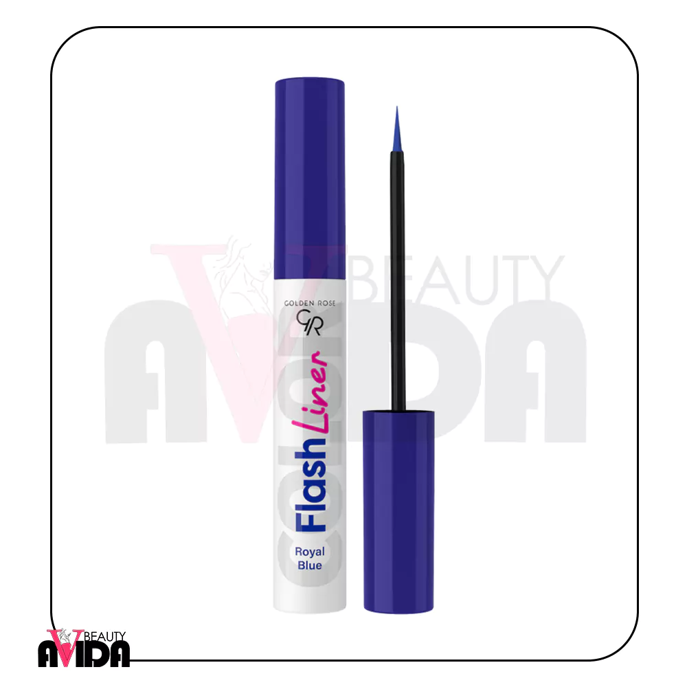 خط چشم رنگی گلدن رز Flash Liner Royal Blue شماره 104 با رنگ آبی سلطنتی، خطوطی دقیق و مات بر روی پلک ایجاد می‌کند که در طول روز بدون محو شدن باقی می‌ماند.