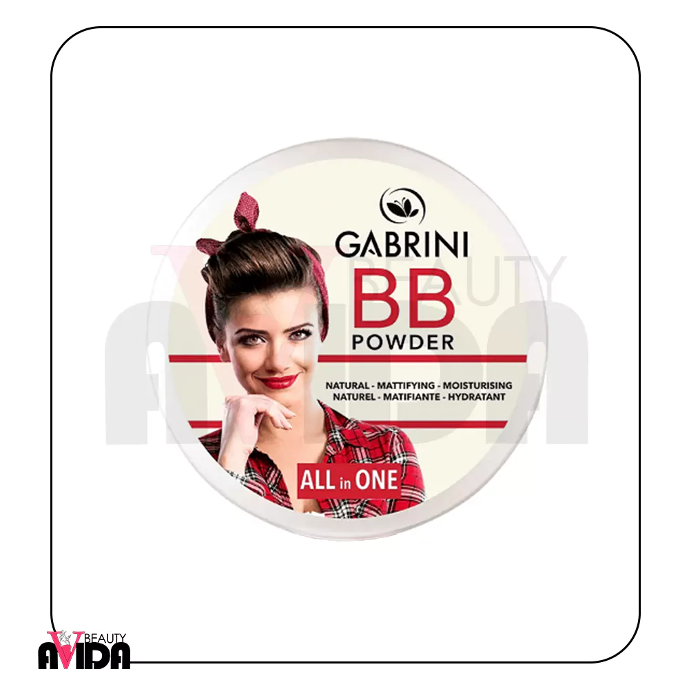 پنکک بی‌بی گابرینی Gabrini BB Powder شماره 02 با رنگ بژ روشن تا متوسط و بافت نرم و مخملی، مناسب برای ایجاد آرایشی مات و طبیعی.