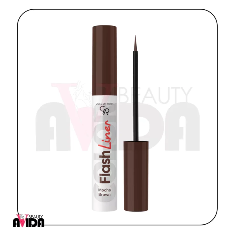 خط چشم رنگی گلدن رز مدل Flash Liner شماره 108 با رنگ قهوه‌ای موکا، اپلیکاتور نازک و فرمولاسیون مایع، خطوطی دقیق و ماندگار برای آرایش چشم‌های جذاب فراهم می‌کند.