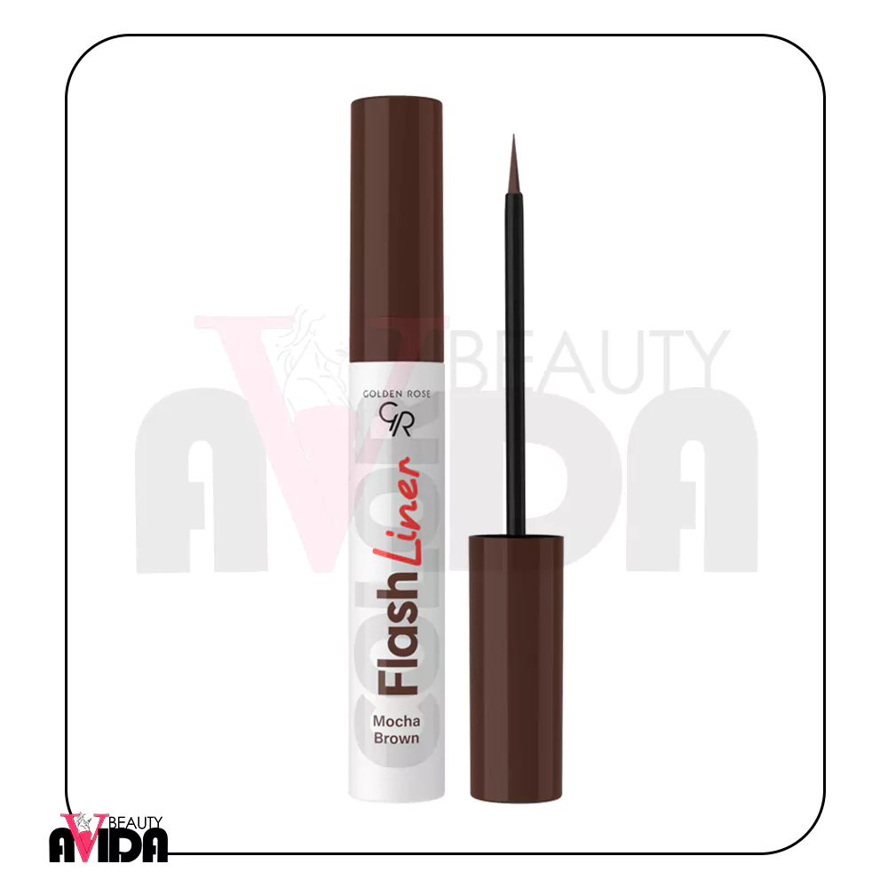 خط چشم رنگی گلدن رز مدل Flash Liner شماره 108 با رنگ قهوه‌ای موکا، اپلیکاتور نازک و فرمولاسیون مایع، خطوطی دقیق و ماندگار برای آرایش چشم‌های جذاب فراهم می‌کند.