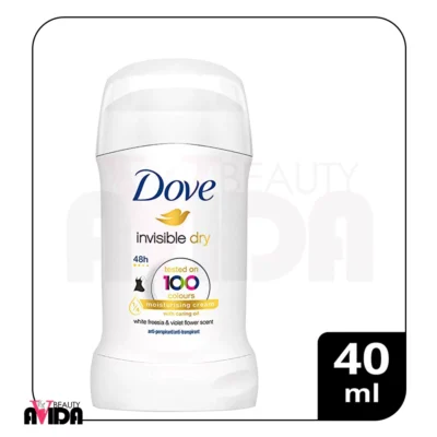 مام صابونی ضد تعریق زنانه داو مدل Invisible Dry حجم ۴۰ گرم با طراحی سفید و سبز، ارائه‌دهنده محافظت ۴۸ ساعته بدون ایجاد لکه بر روی لباس‌ها.