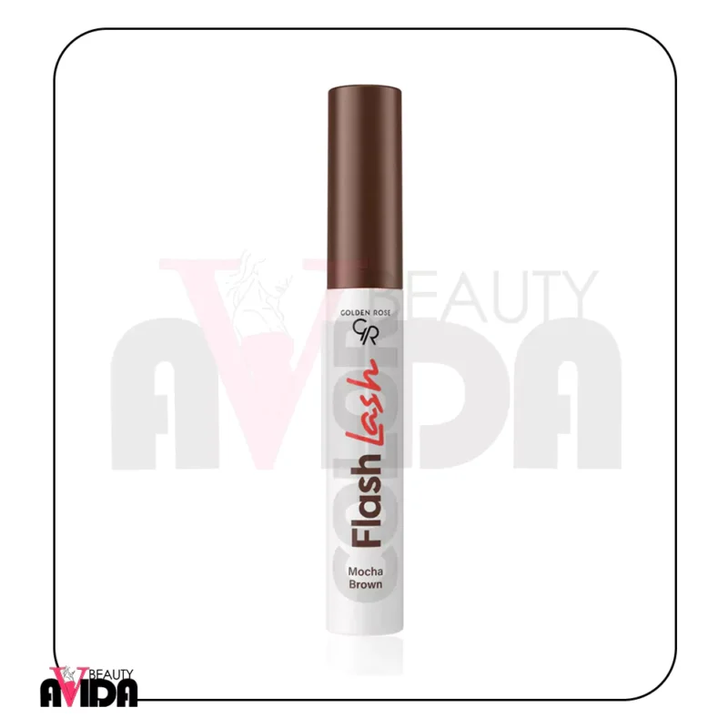 ریمل قهوه‌ای گلدن رز مدل فلش لش شماره 08 رنگ Mucha Brown، مژه‌ها را به‌صورت طبیعی حجم می‌دهد، بلند می‌کند و جلوه‌ای ملایم و زیبا ایجاد می‌نماید.